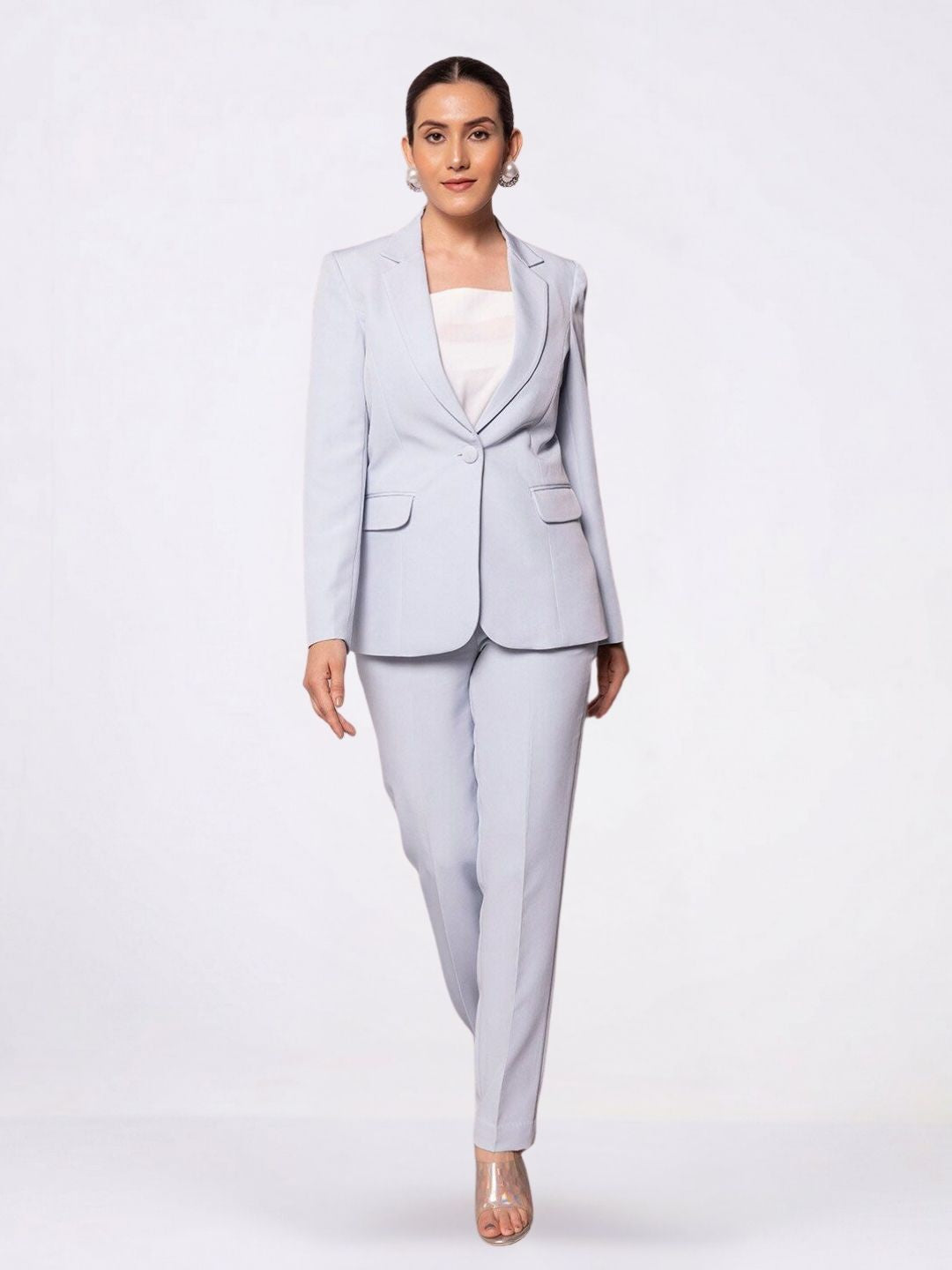 Women Blue Single Breasted Stretch Pant Suit