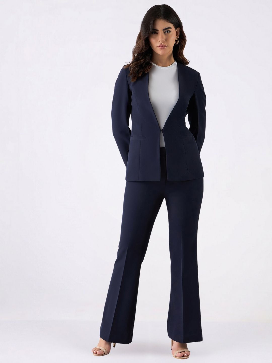 Women Navy Blue Single-Breasted Formal Pantsuit