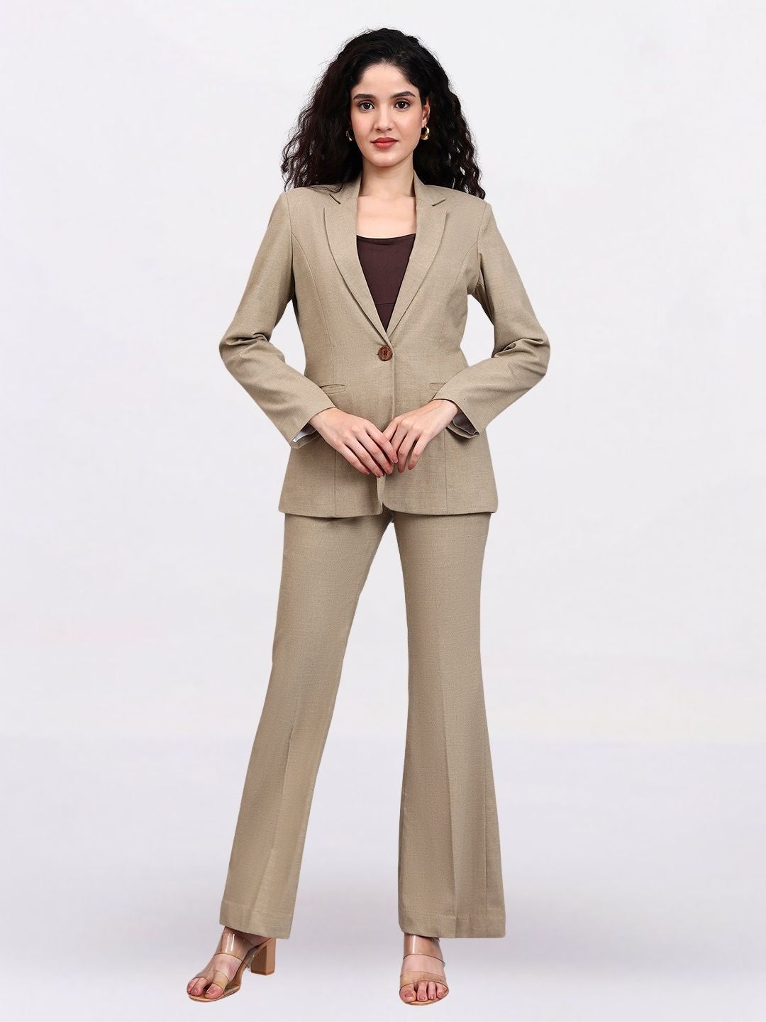 Women Beige Tailored Single Breasted Stretch Formal Pantsuit