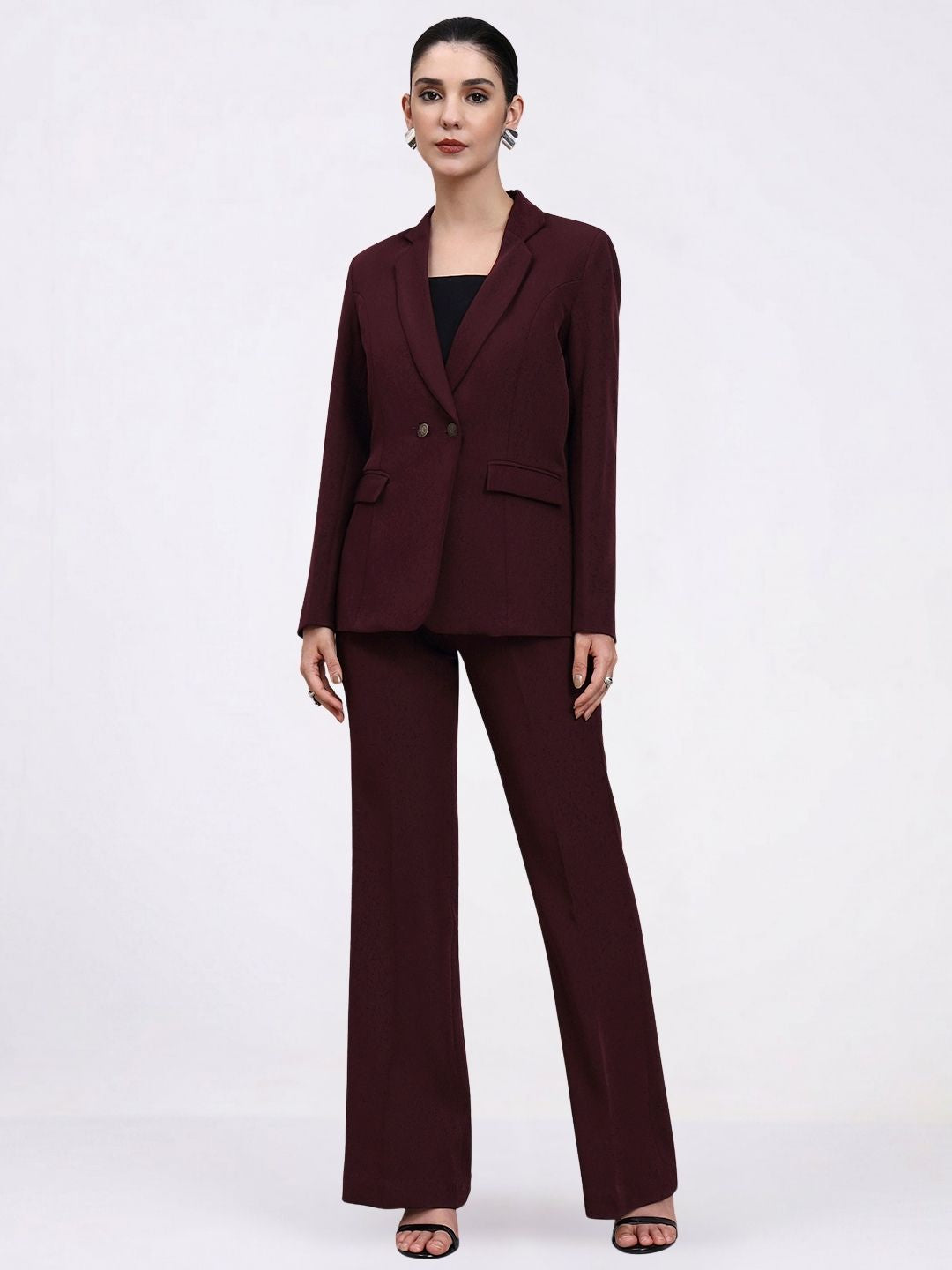 Women Burgundy Single Breasted Formal Pantsuit