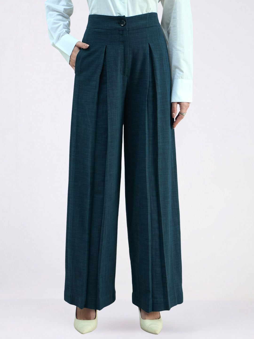 Women Blue High-Rise Pleated Trousers