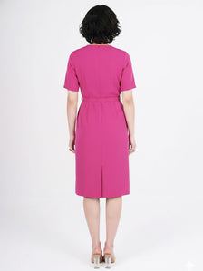 Women Hot Pink Notch V-Neck Stretch Midi Dress With Detachable Belt
