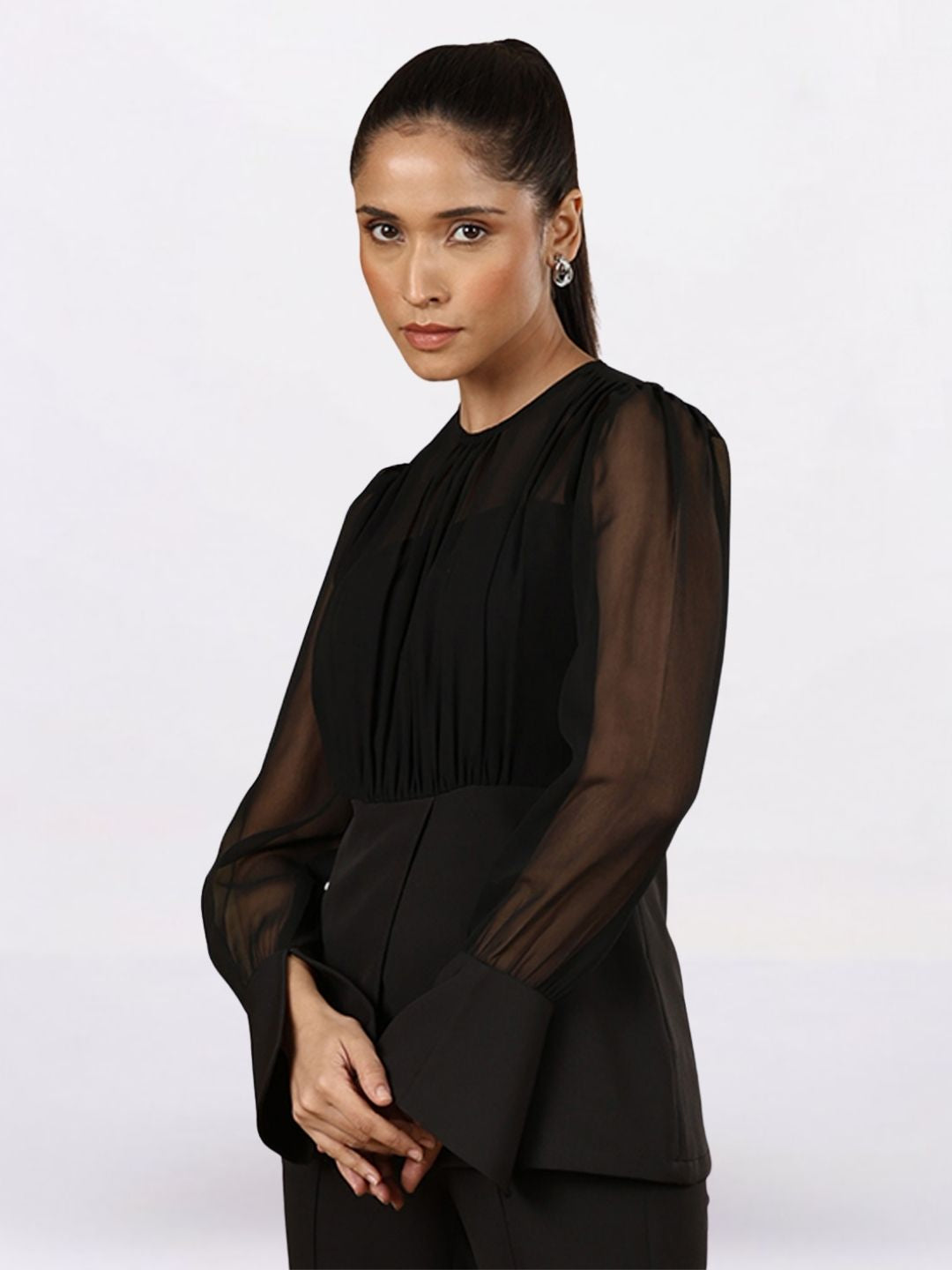 Women Black Elegant Round Neck Long Sleeve Peplum Top