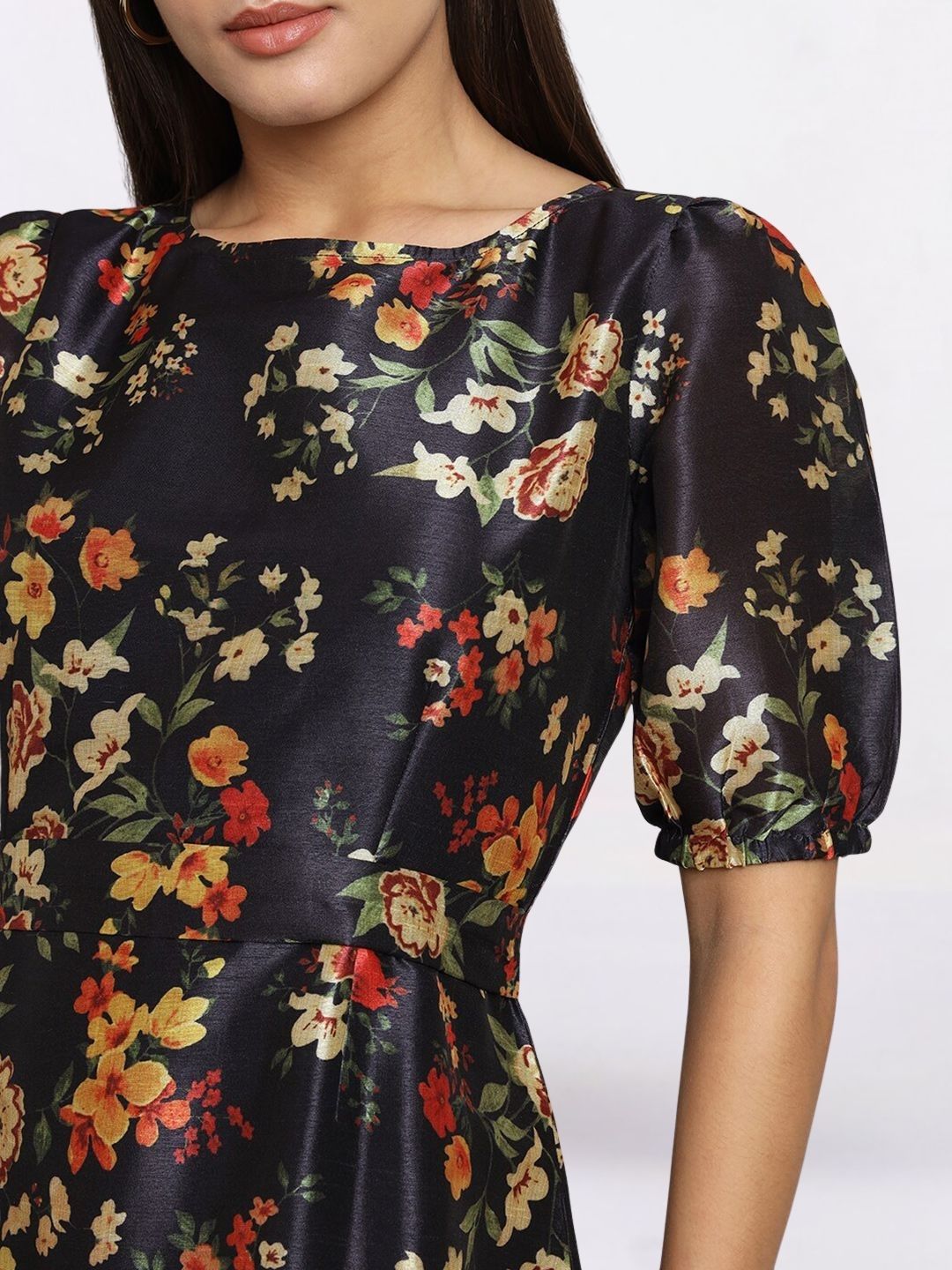 Women Black Floral Printed Fit & Flare Dress