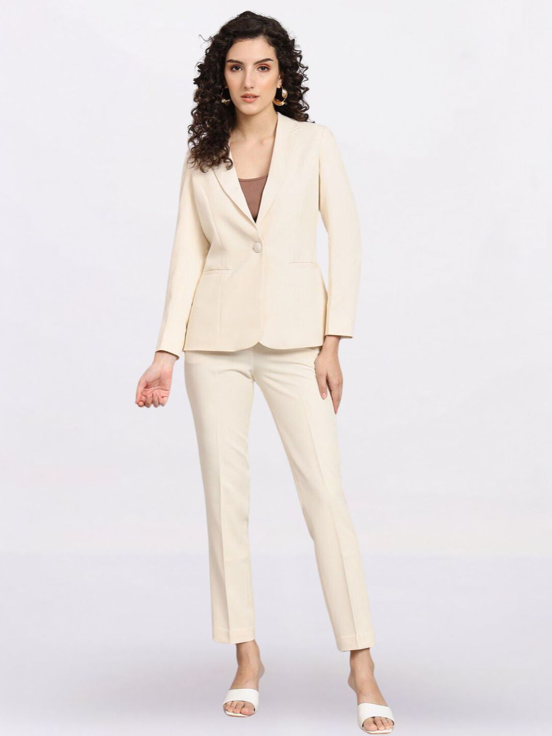 Women Off White Single Breasted Formal Powersuit