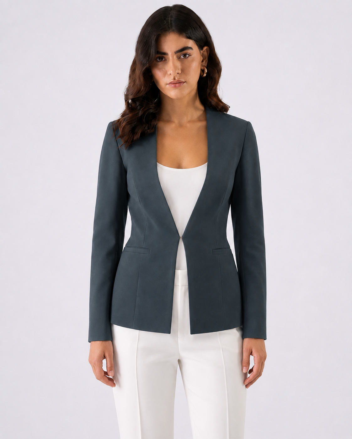 Women Dark Grey Formal Lapelless Blazer