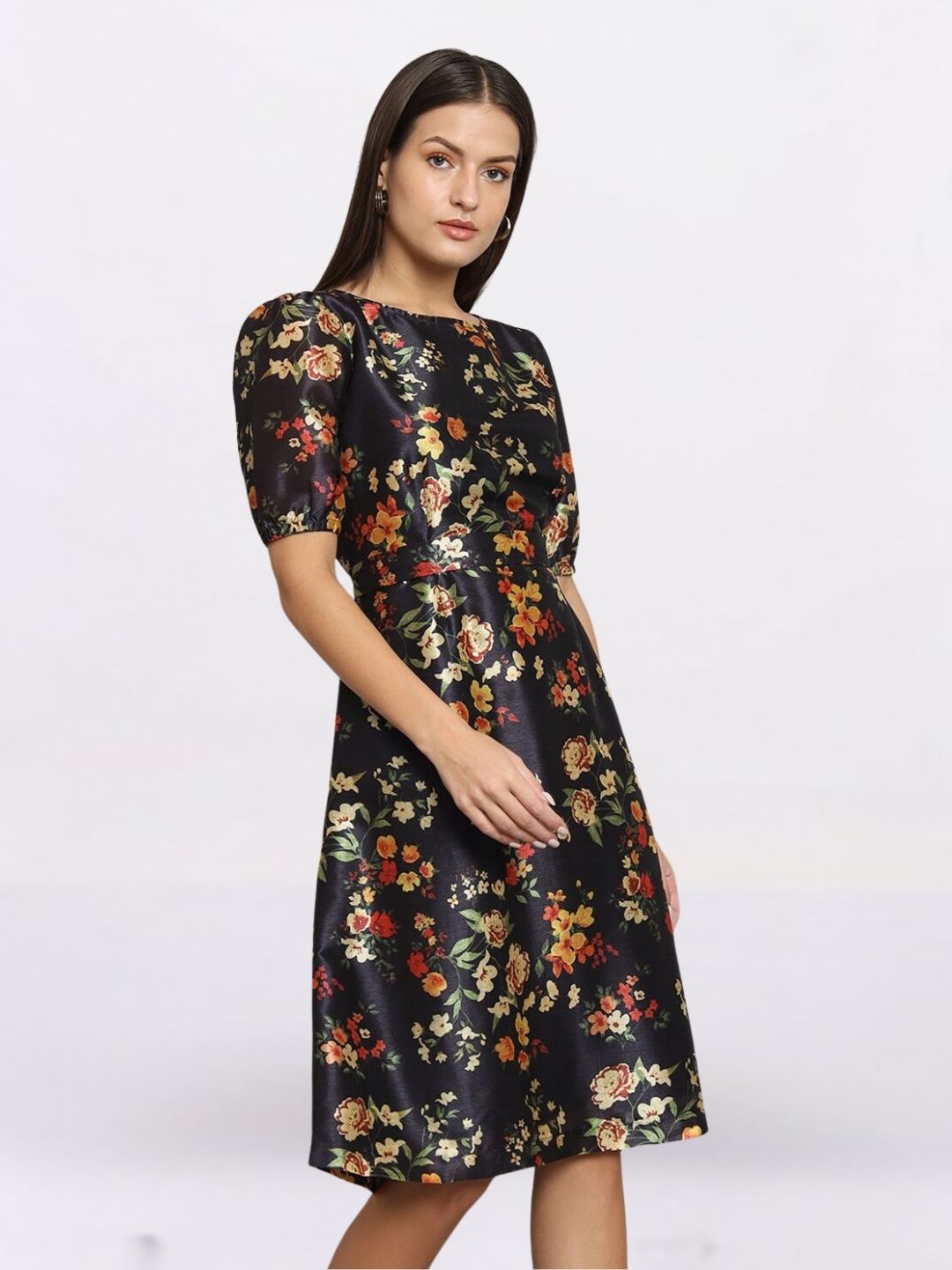 Women Black Floral Printed Fit & Flare Dress
