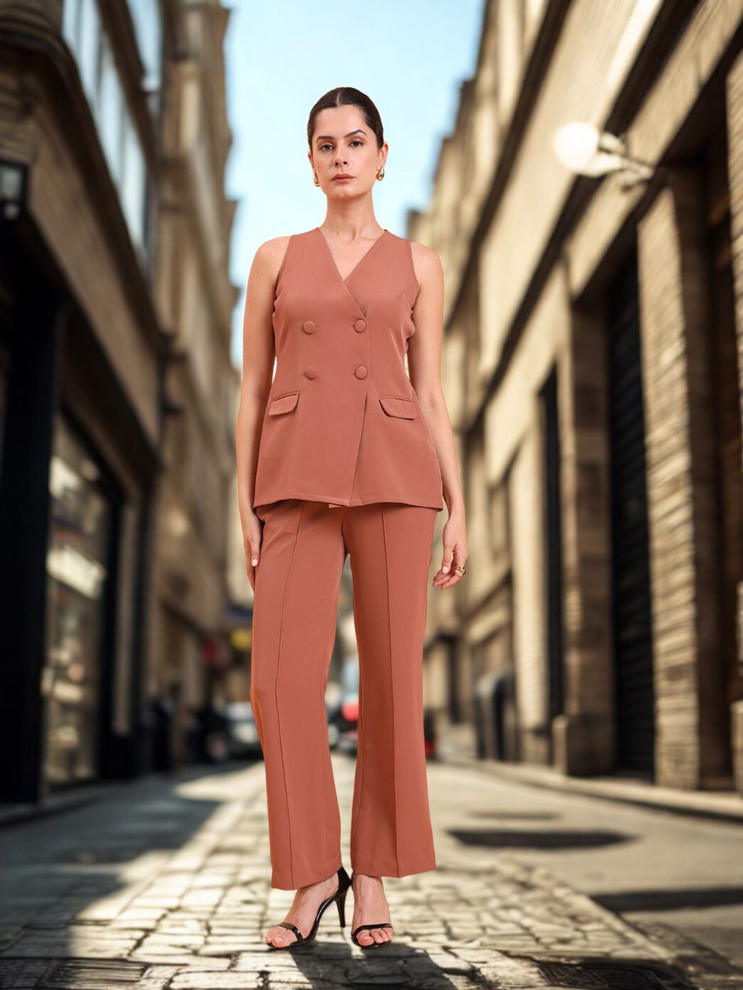 Dusty Peach Double Brested Sleeveless Vest With  Straight Fit Pintuck Detailed Co-Ords Set