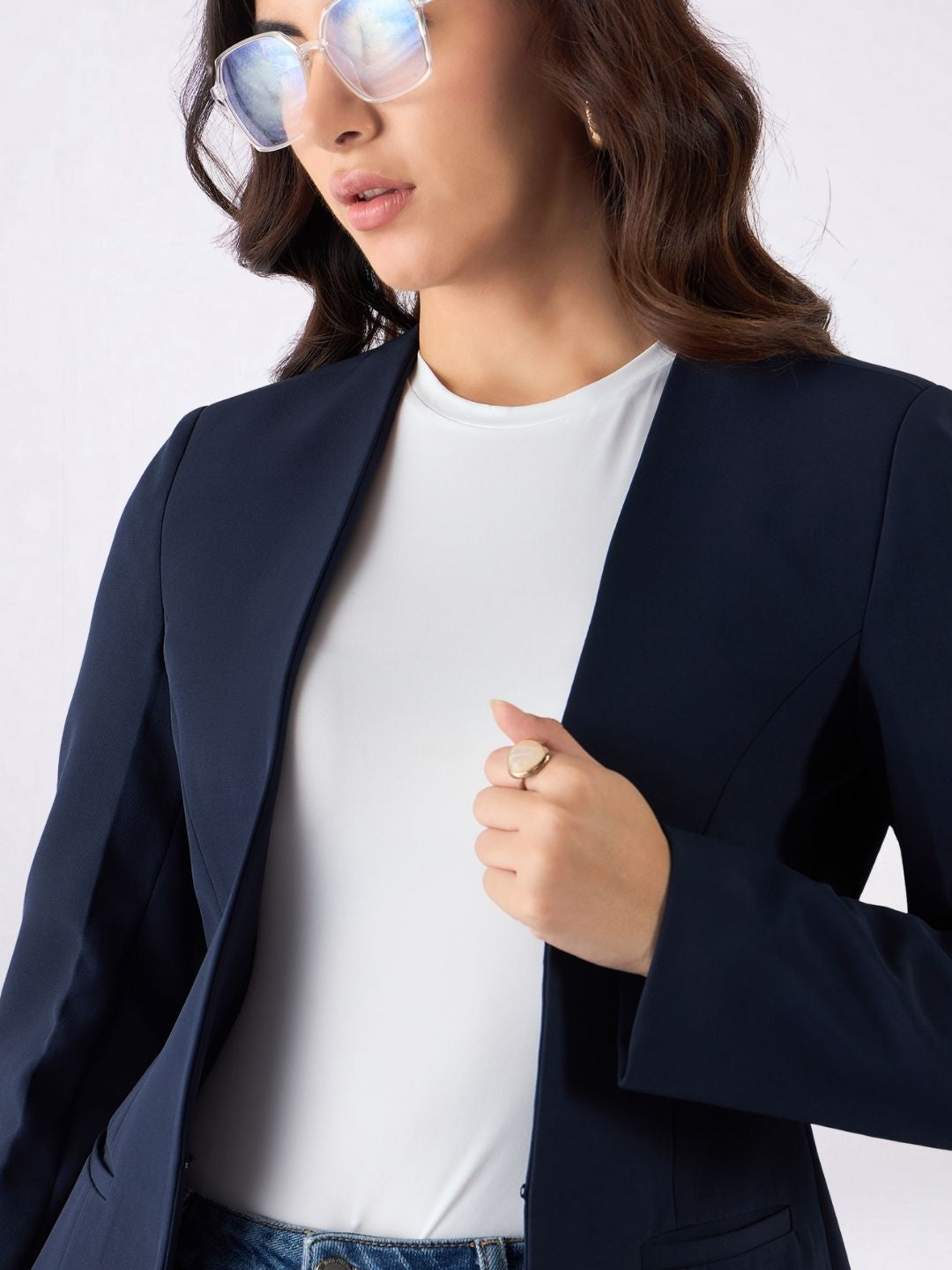 Women Navy Blue Single-Breasted Formal Pantsuit