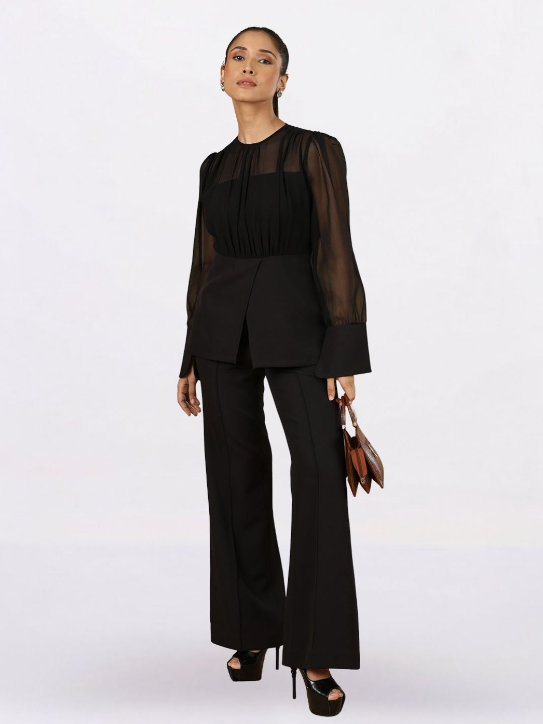 Women Black Elegant Round Neck Long Sleeve Peplum Top