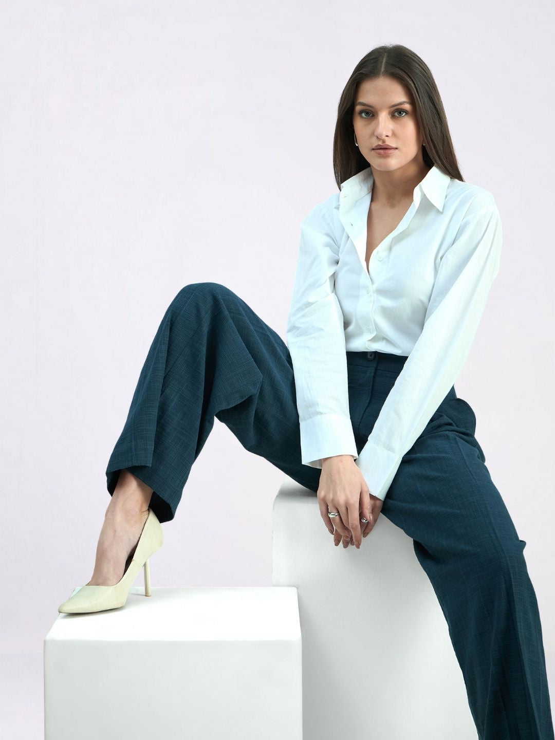 Women Blue High-Rise Pleated Trousers