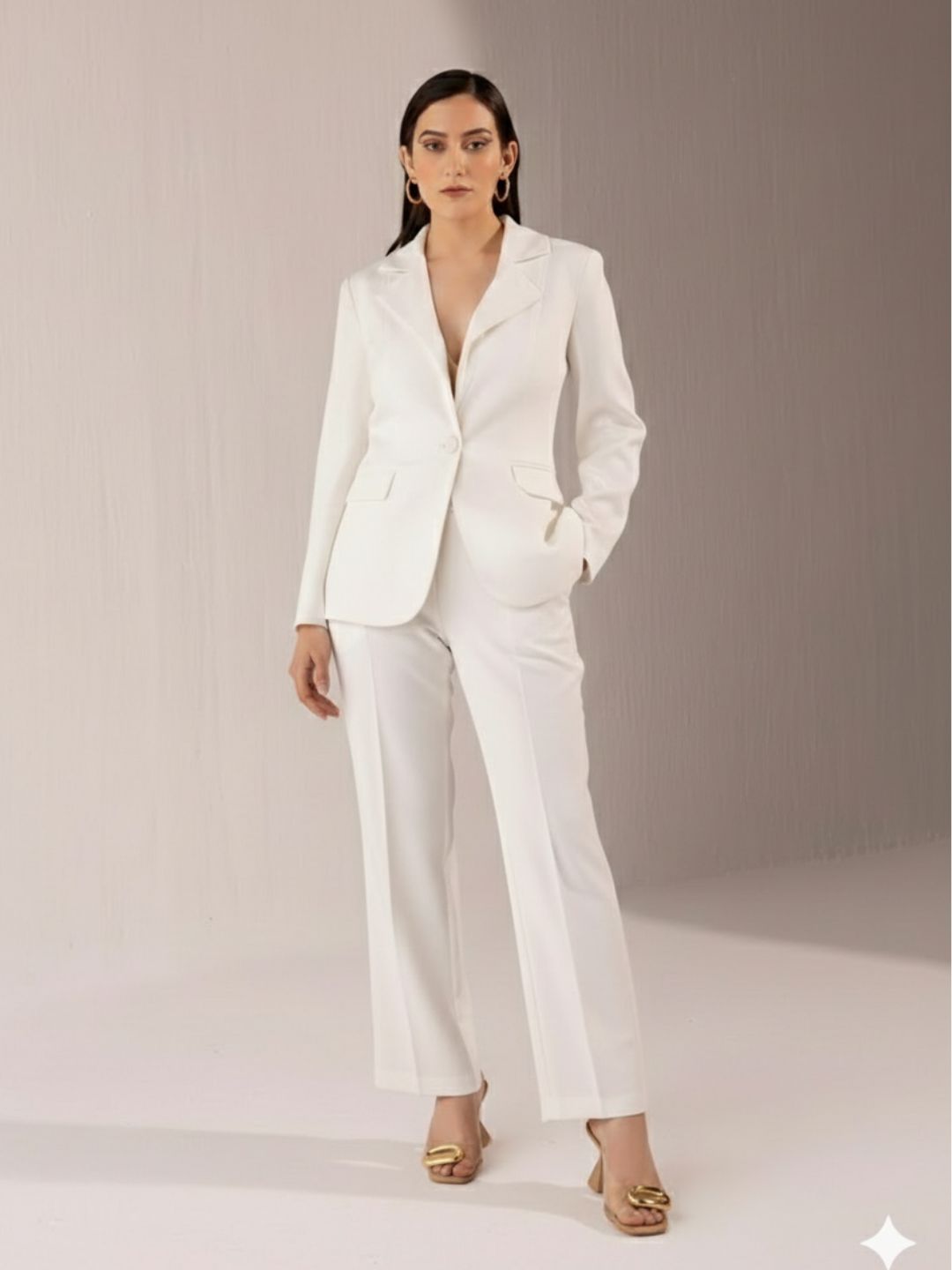 Women White Single breasted Stretch Pant Suit
