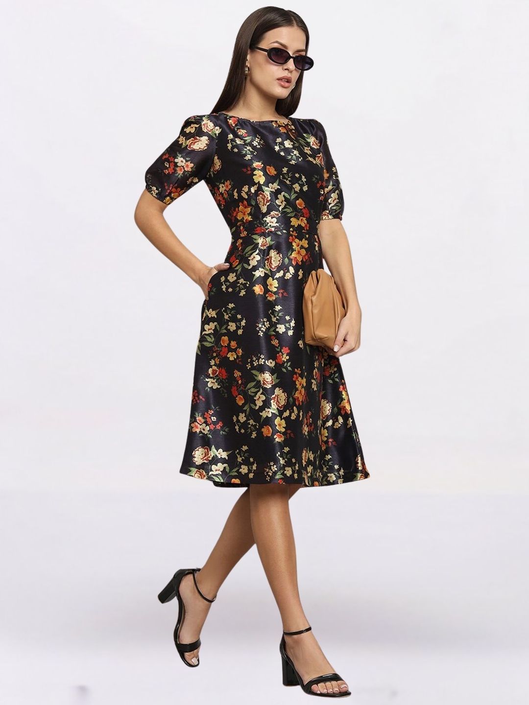 Women Black Floral Printed Fit & Flare Dress