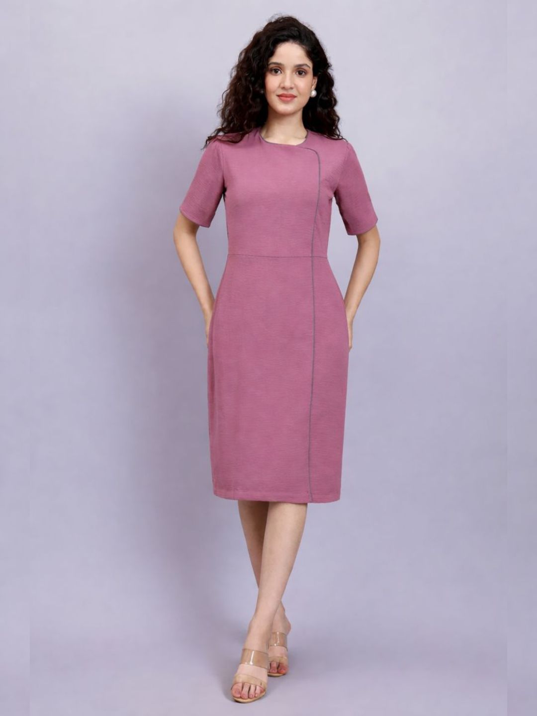 Structured Pink Crush Satin  Dress with Grey Contrast Piping