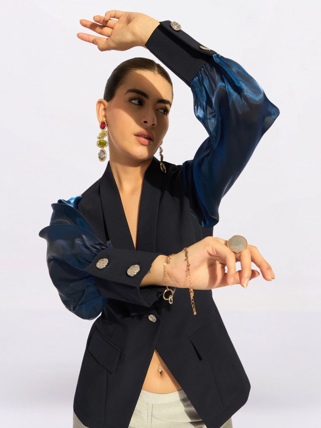 Women Blue Lapel Collar Long Sleeves Shirt Style Top