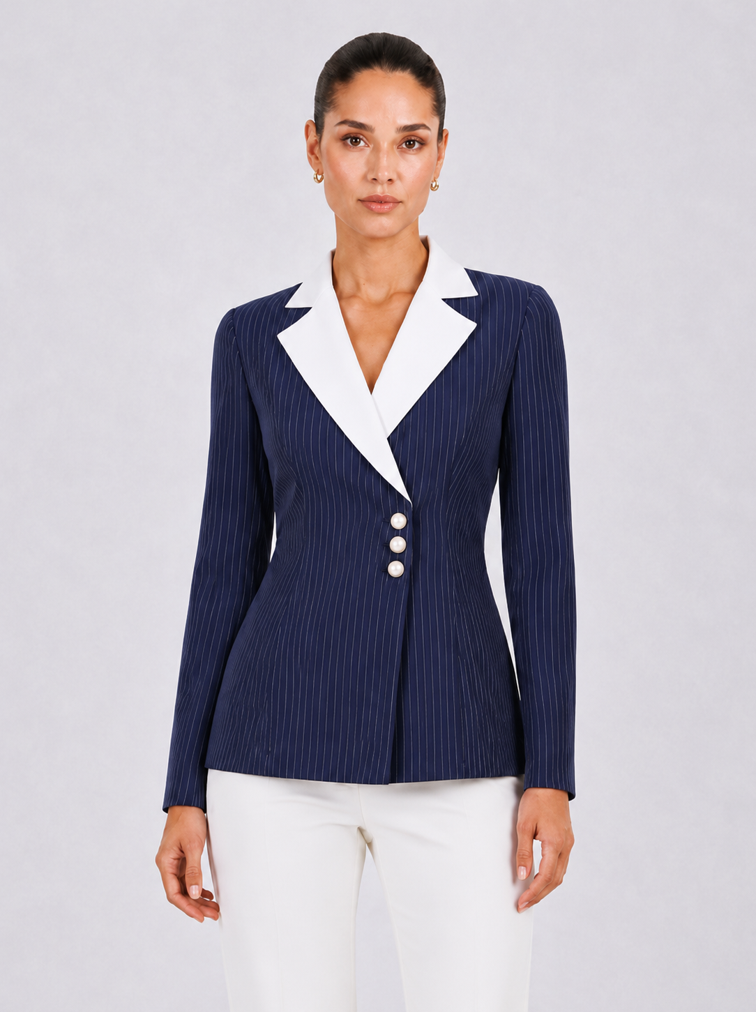 Women Navy Blue Blazer Style Top
