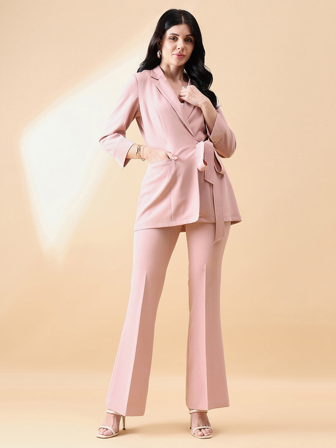 Women Pink Front Knot Single-Breasted Powersuit