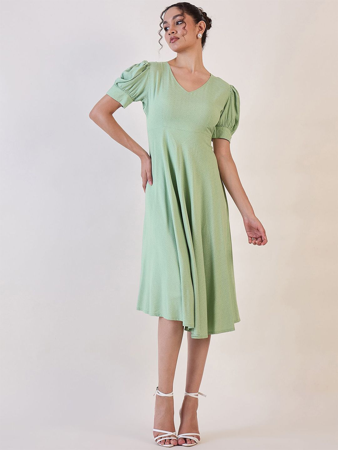 Olive Dotted Fit & Flare Dress