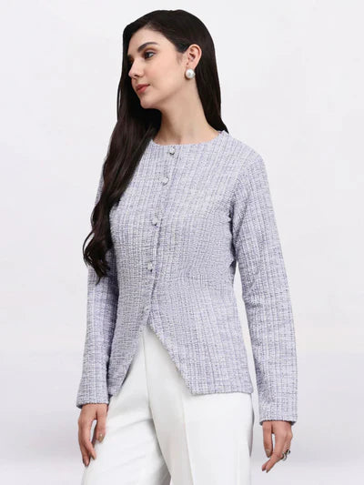 Women Lavender Warm Tweed Stretchable top With White Straight Fit Trousers