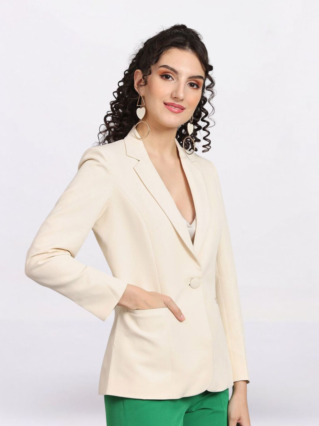 Women Off White Notched Lapel Formal Blazer