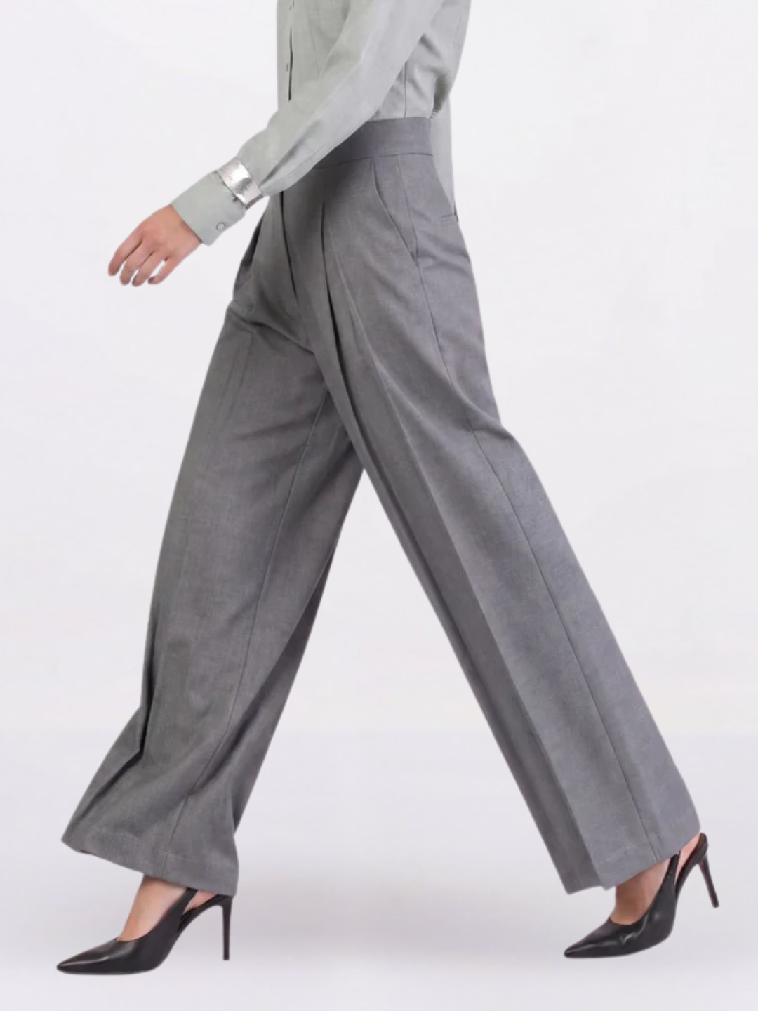 Women Grey High-Rise Pleated Trousers