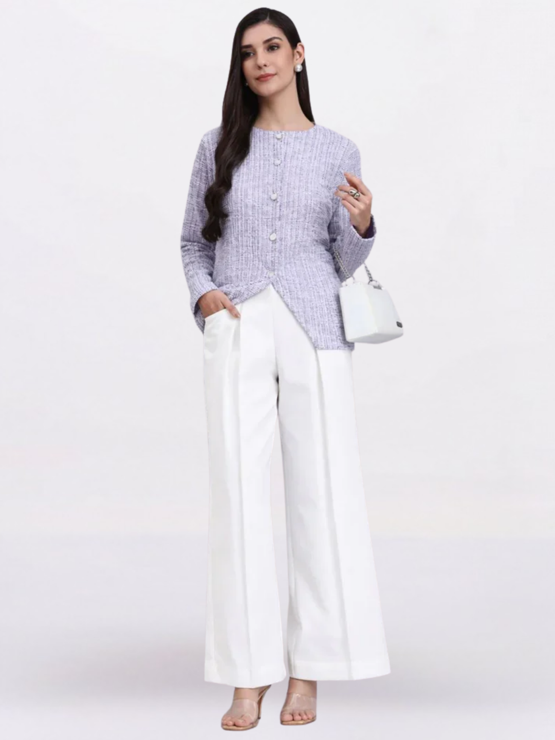 Women Lavender Warm Tweed Stretchable top With White Straight Fit Trousers