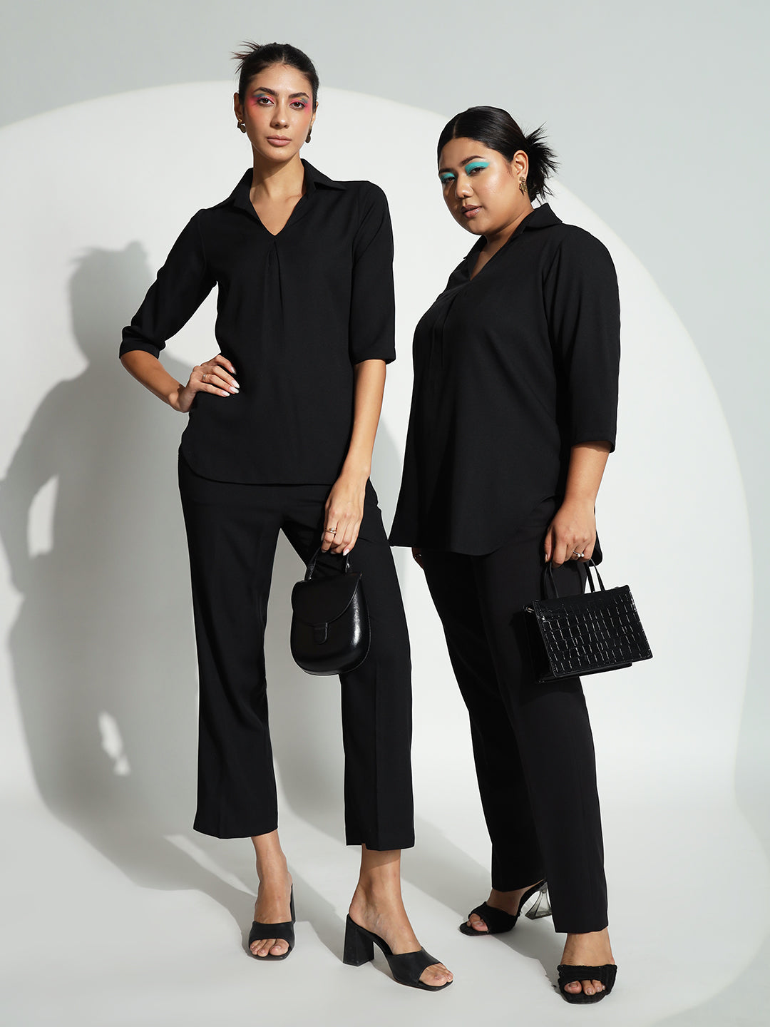 V-Neck Shirt Collar with Box Pleat Pant Suit - Black