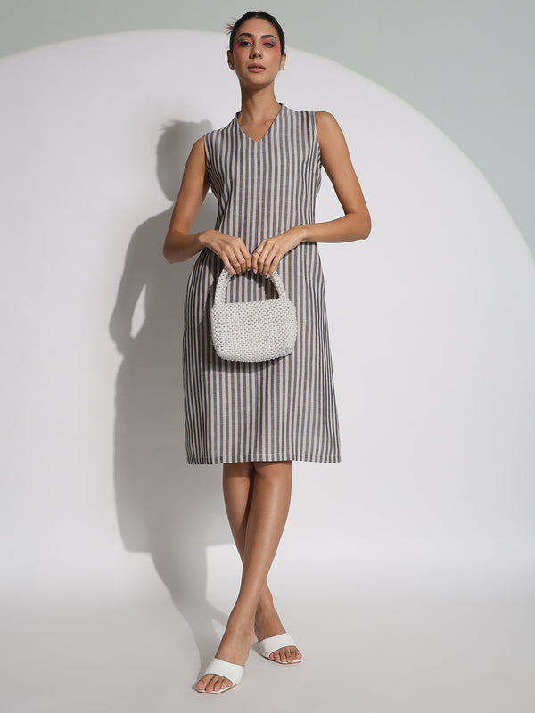 A-line Stripes Poly Linen Dress- Blue and beige
