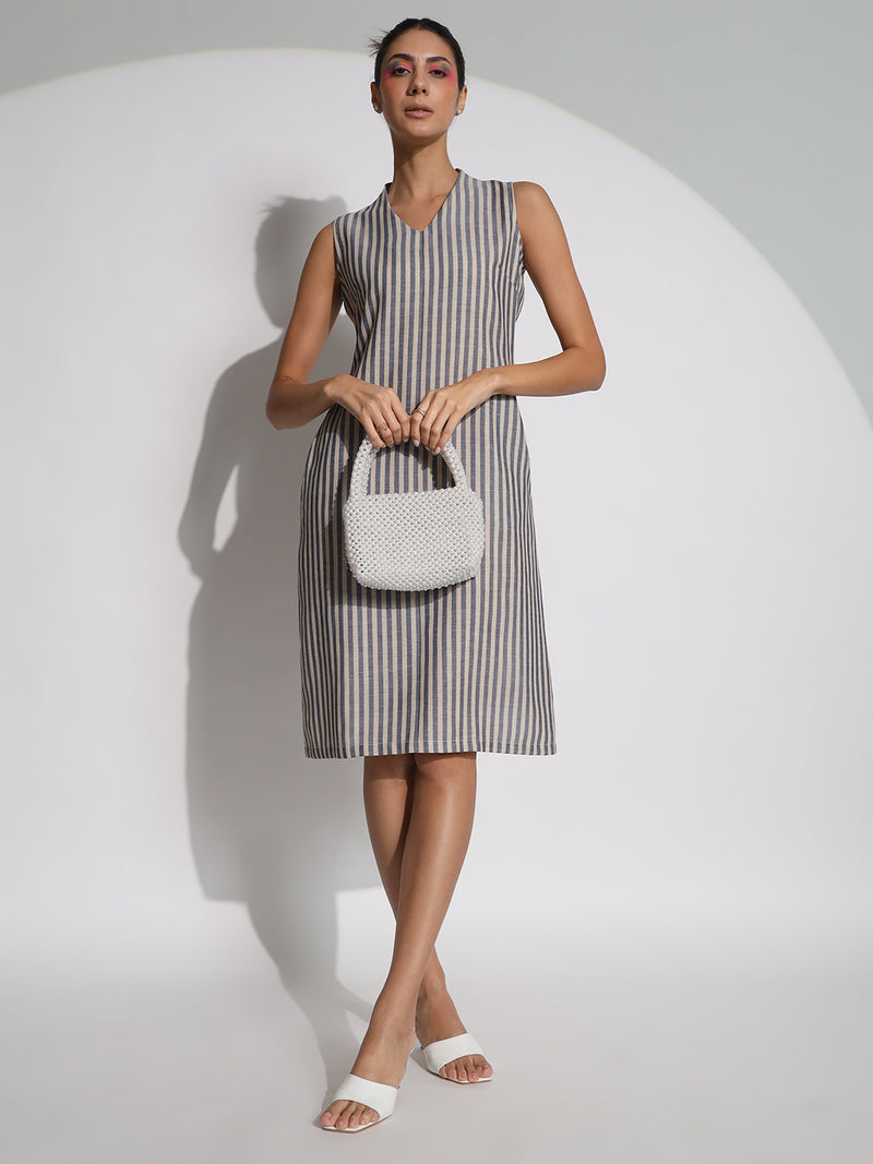 A-line Stripes Poly Linen Dress- Blue and beige