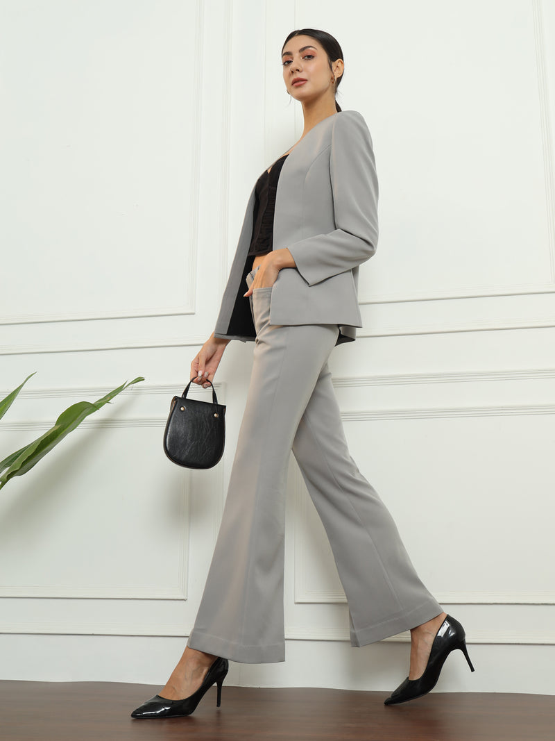 Lapel less Stretch Pant Suit- Grey