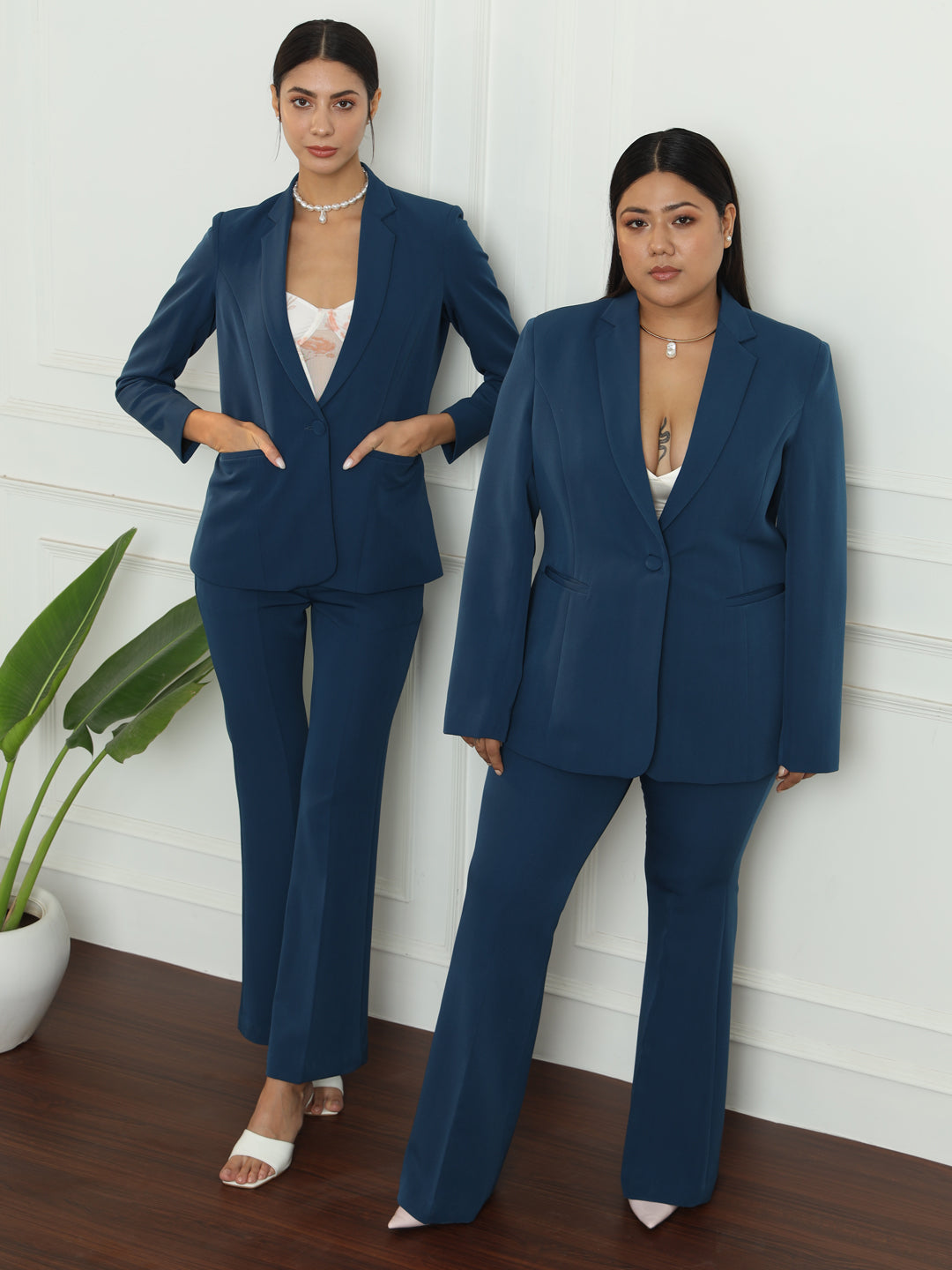 Notch Collar Stretch Pant Suit Teal Blue PowerSutra