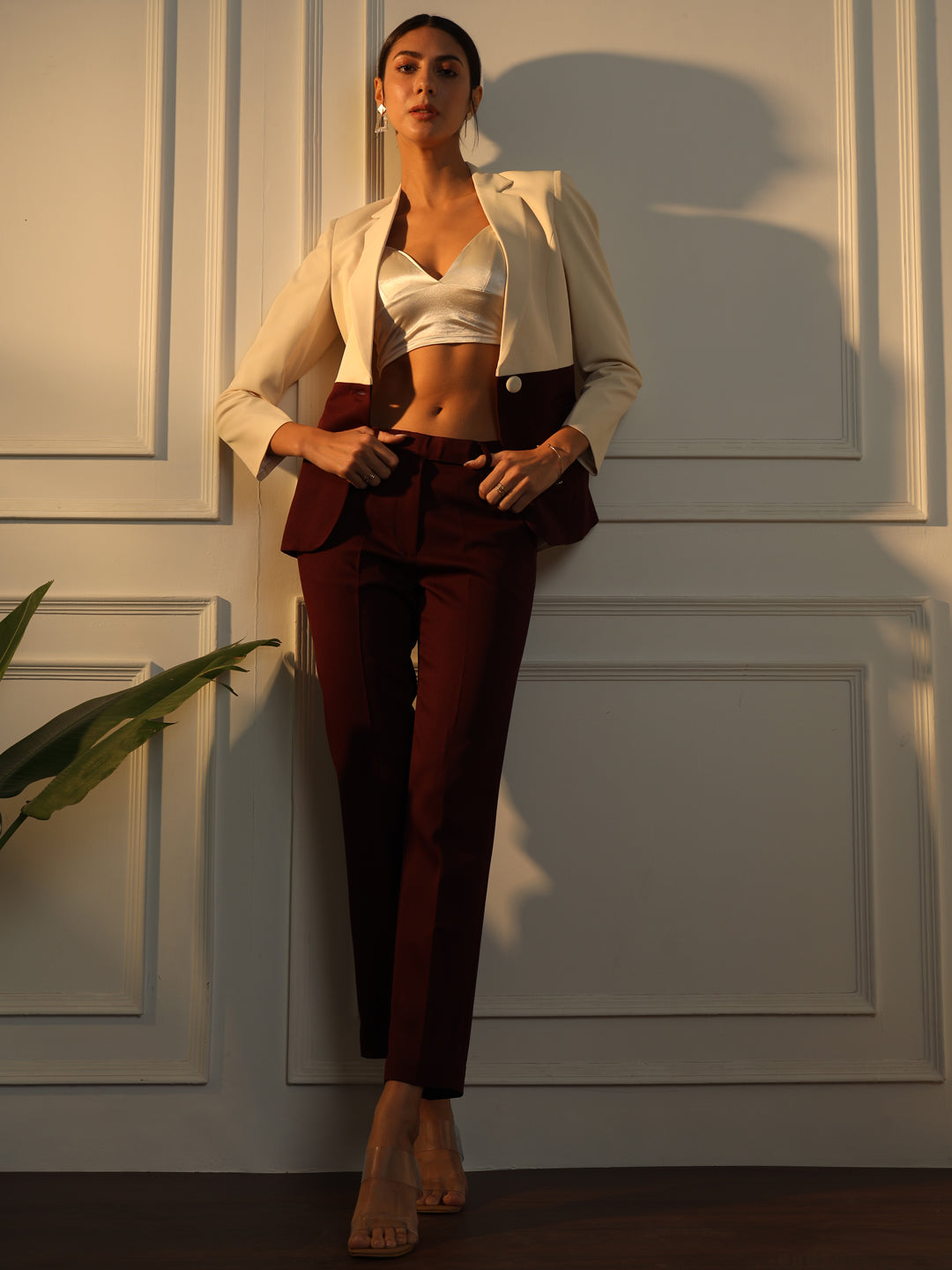 Colour Block Notched Collar Pant Suit - Off White and Maroon