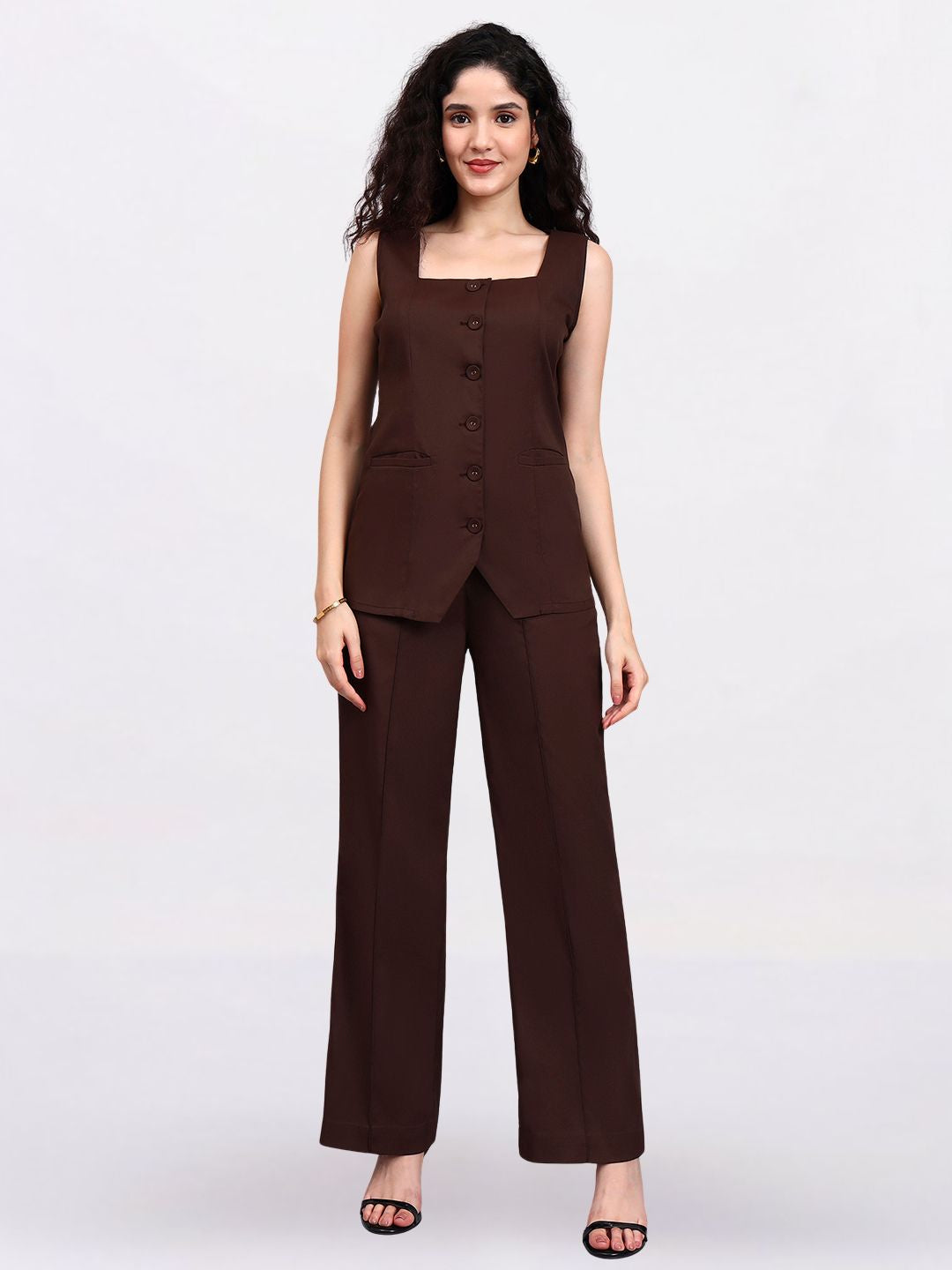 Women Brown Sleeveless Co-Ord Set