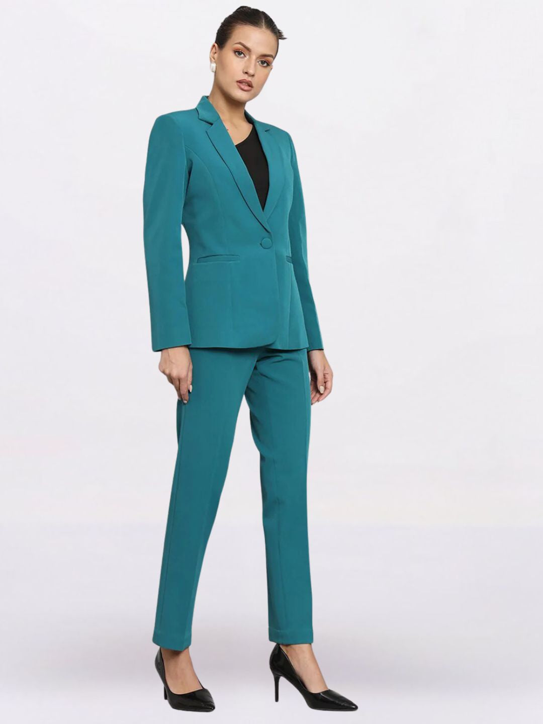 Women Teal Green Single-Breasted Formal Powersuit