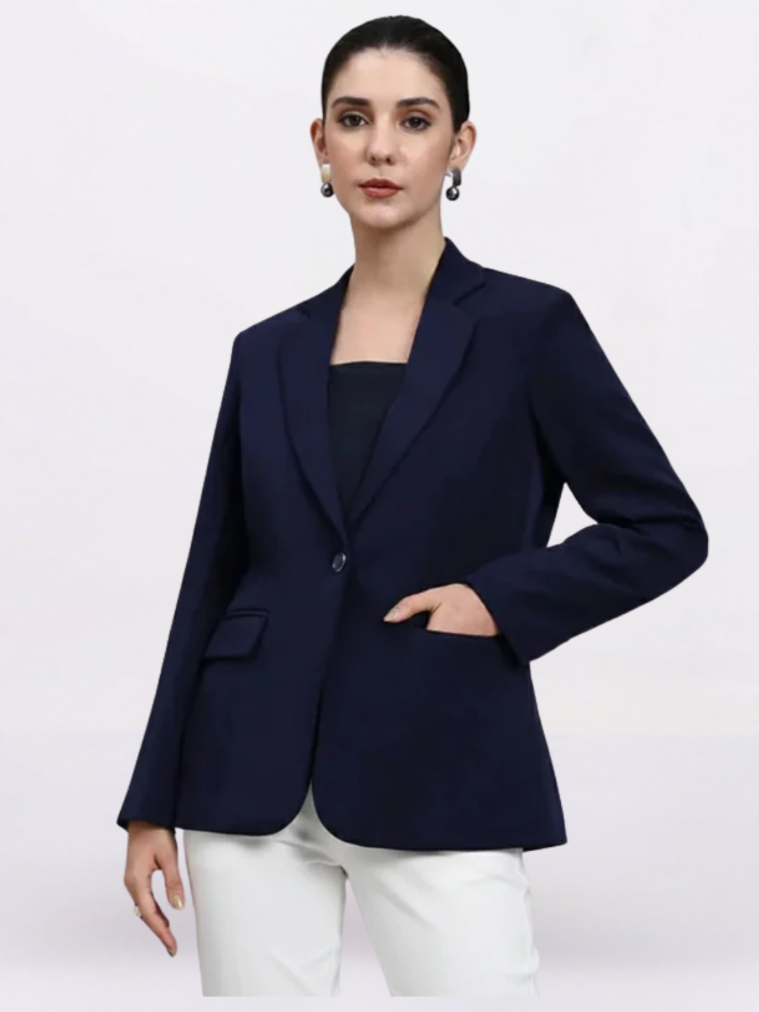 Women Navy Blue Notched Lapel Blazer