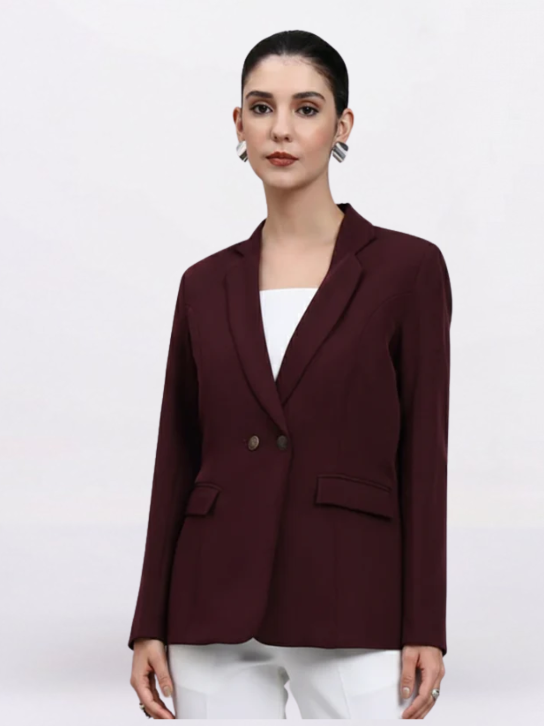 Women Burgundy Notched Lapel Blazer