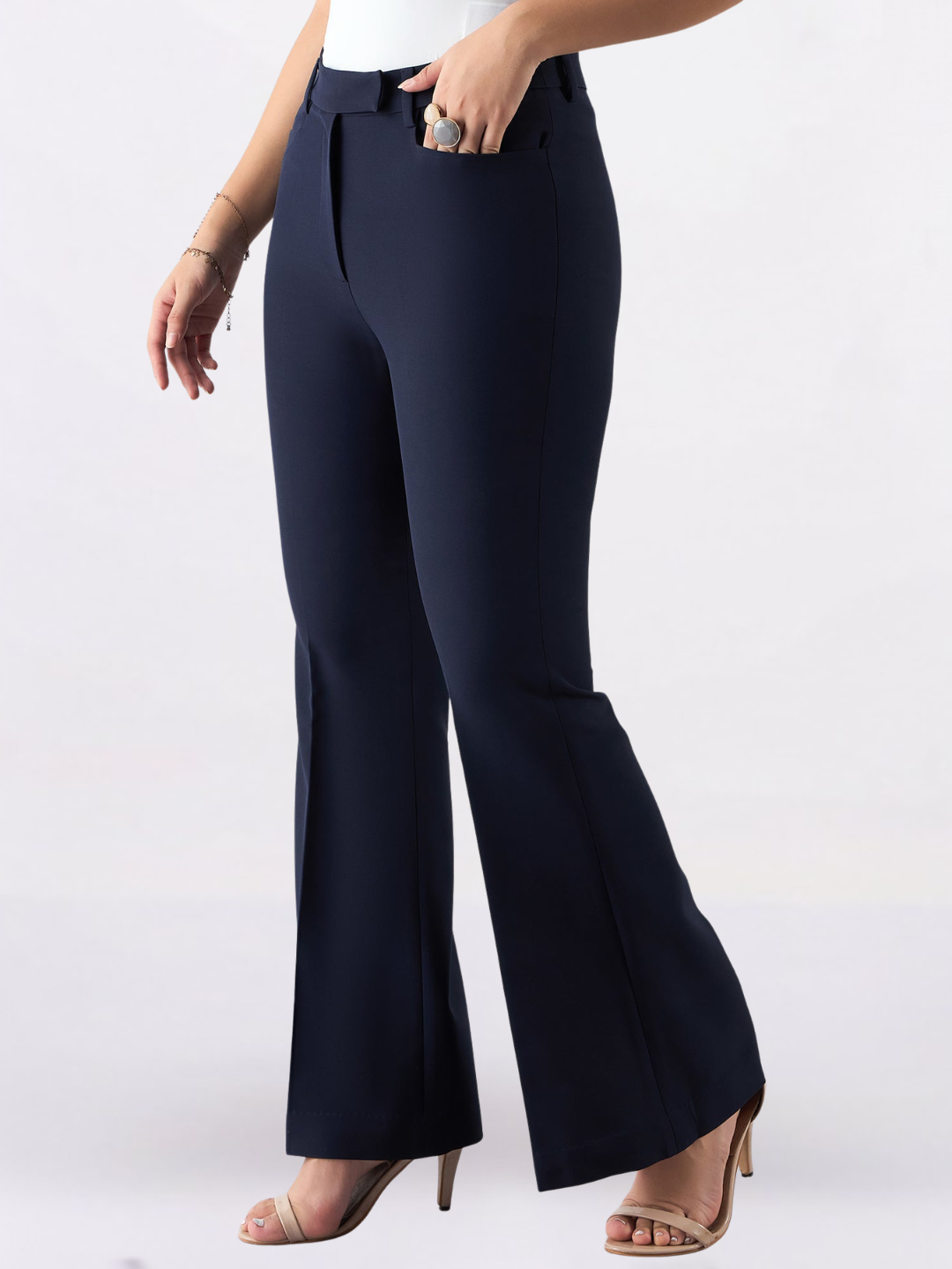 Women Navy Blue Flared High-Rise Trousers