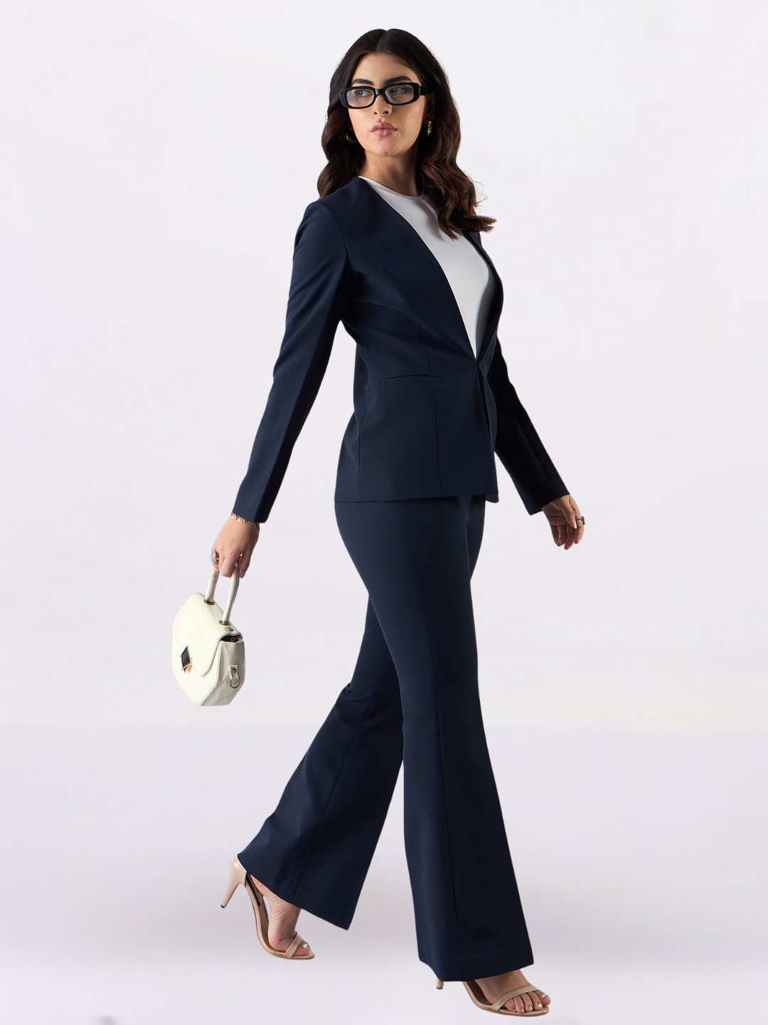 Women Navy Blue Flared High-Rise Trousers