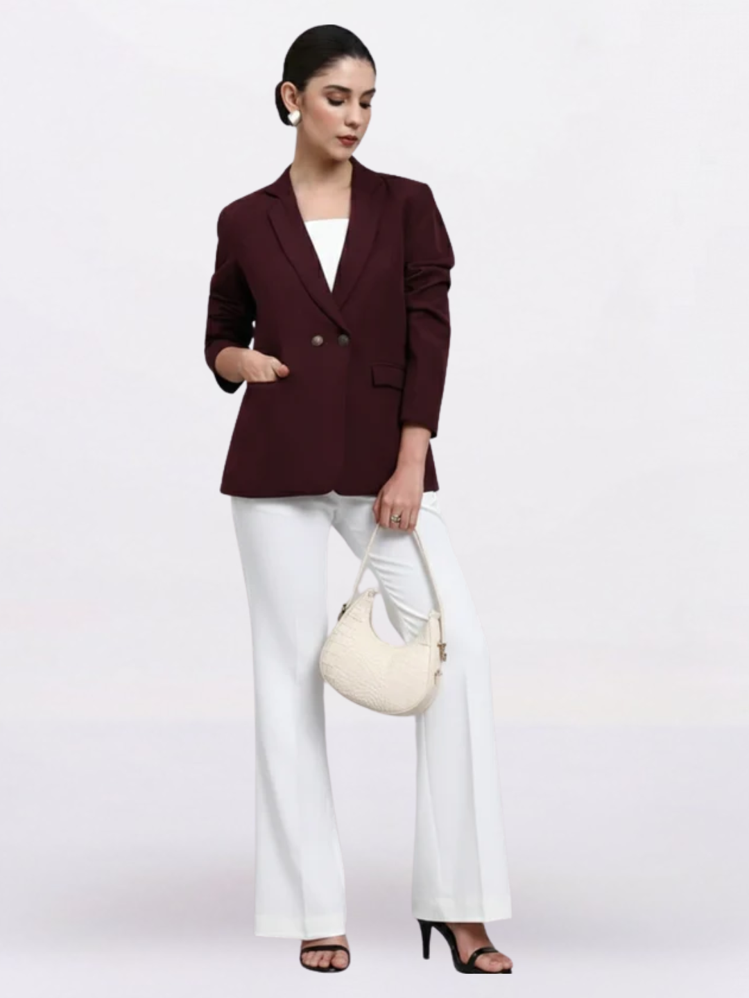 Women Burgundy Notched Lapel Blazer