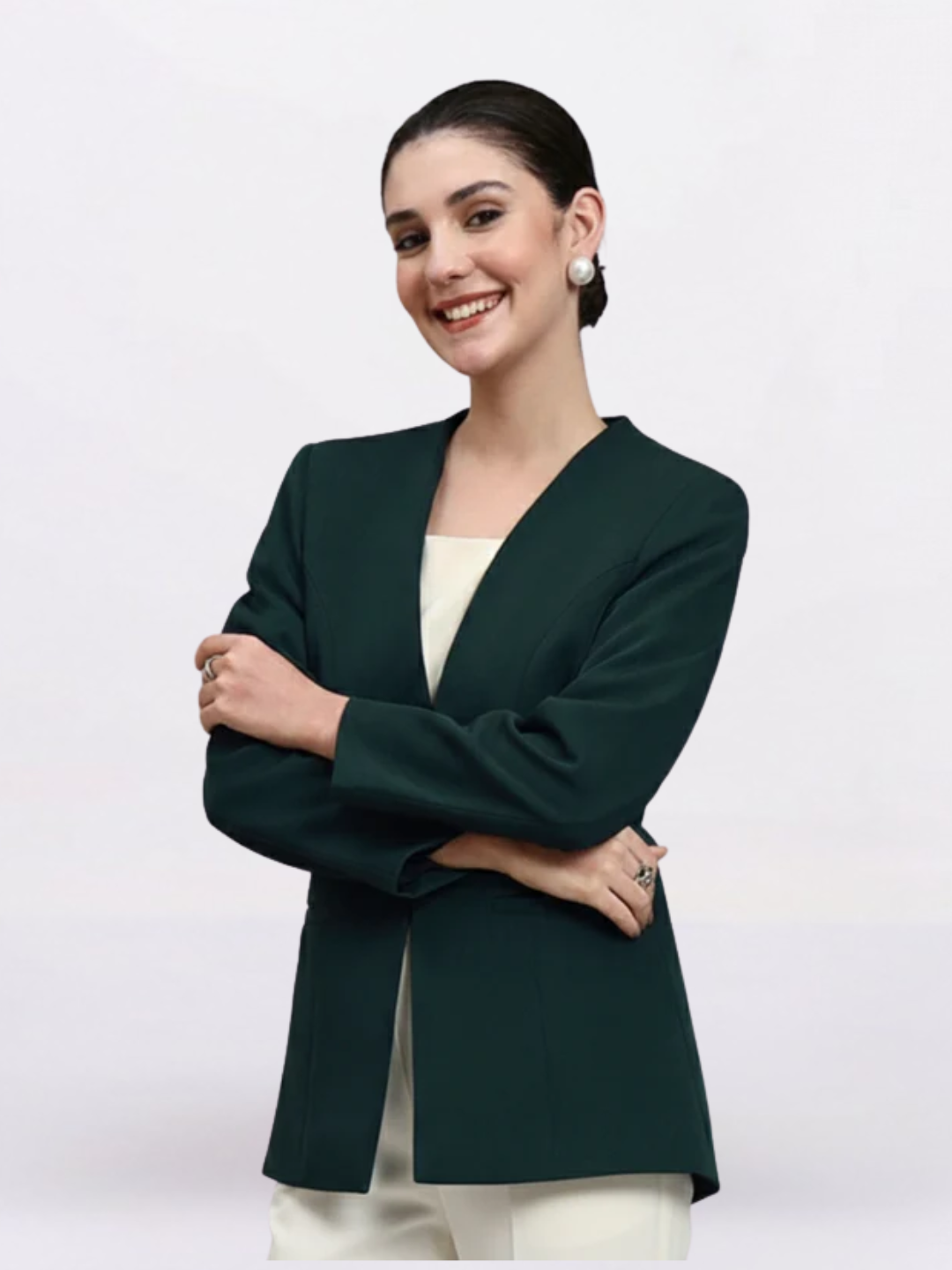 Women Green Lapel Less Blazer
