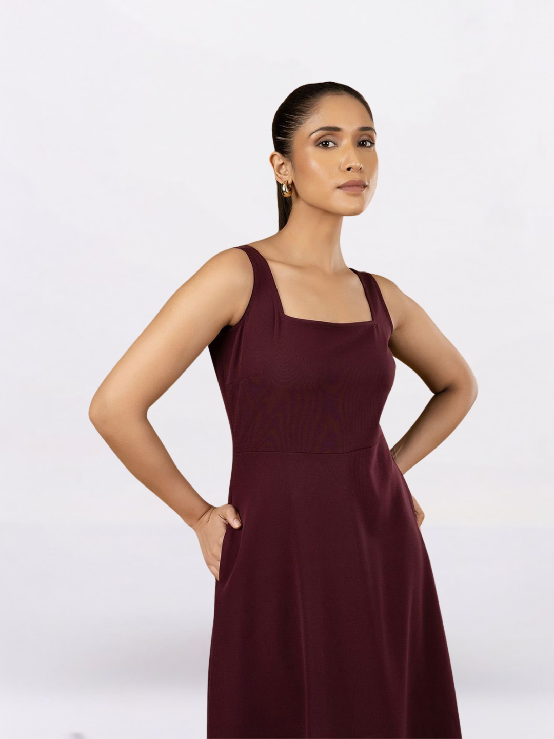 Women Burgundy Solid Strappy Fit And Flared Dress