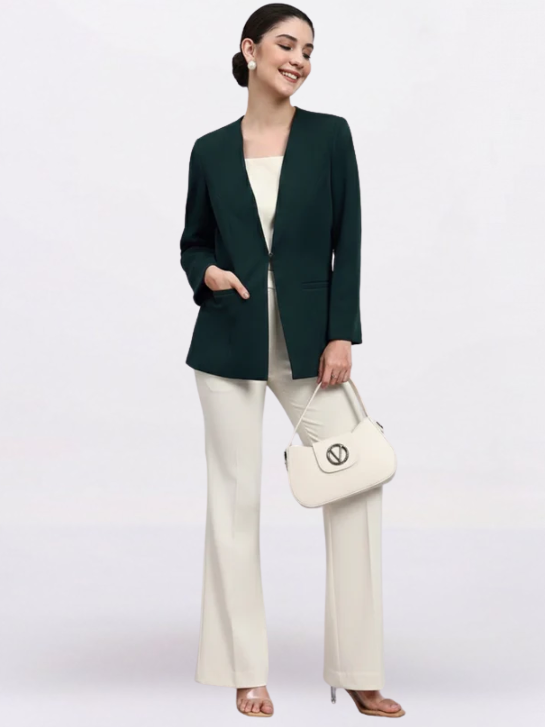 Women Green Lapel Less Blazer