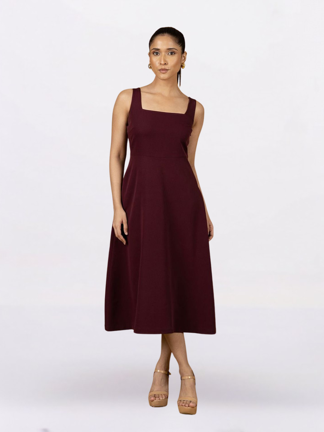 Women Burgundy Solid Strappy Fit And Flared Dress