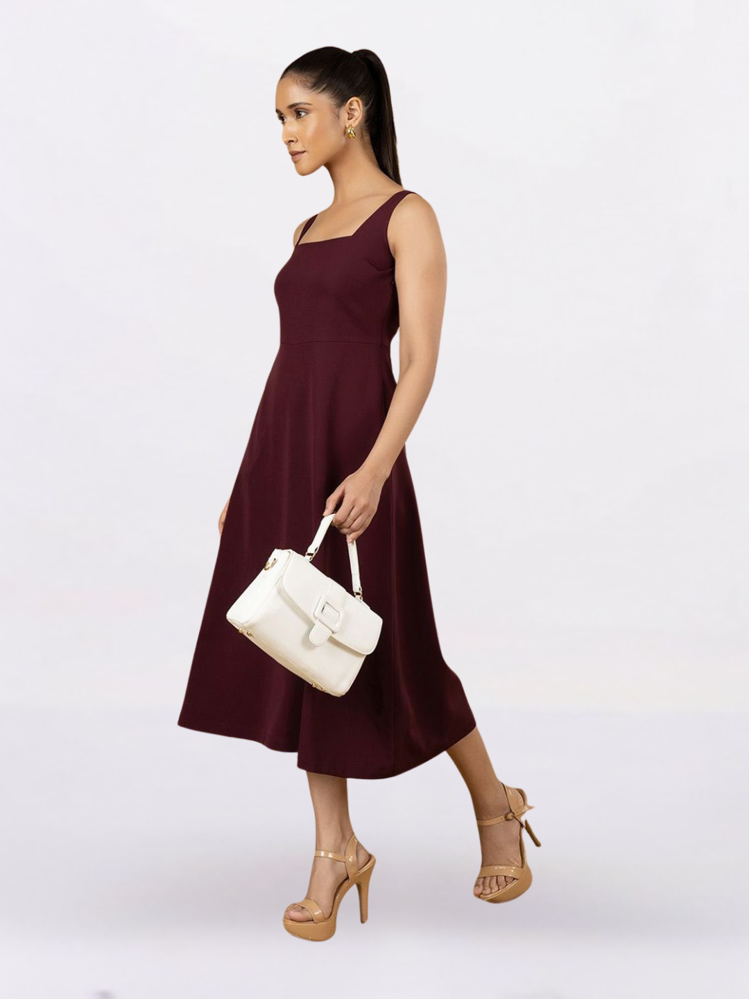 Women Burgundy Solid Strappy Fit And Flared Dress