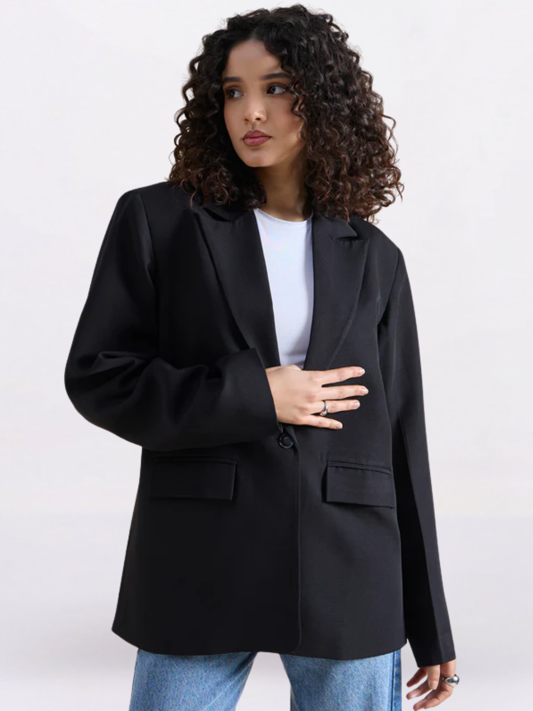 Women Black Oversized Fit Notched Lapel Formal Blazer