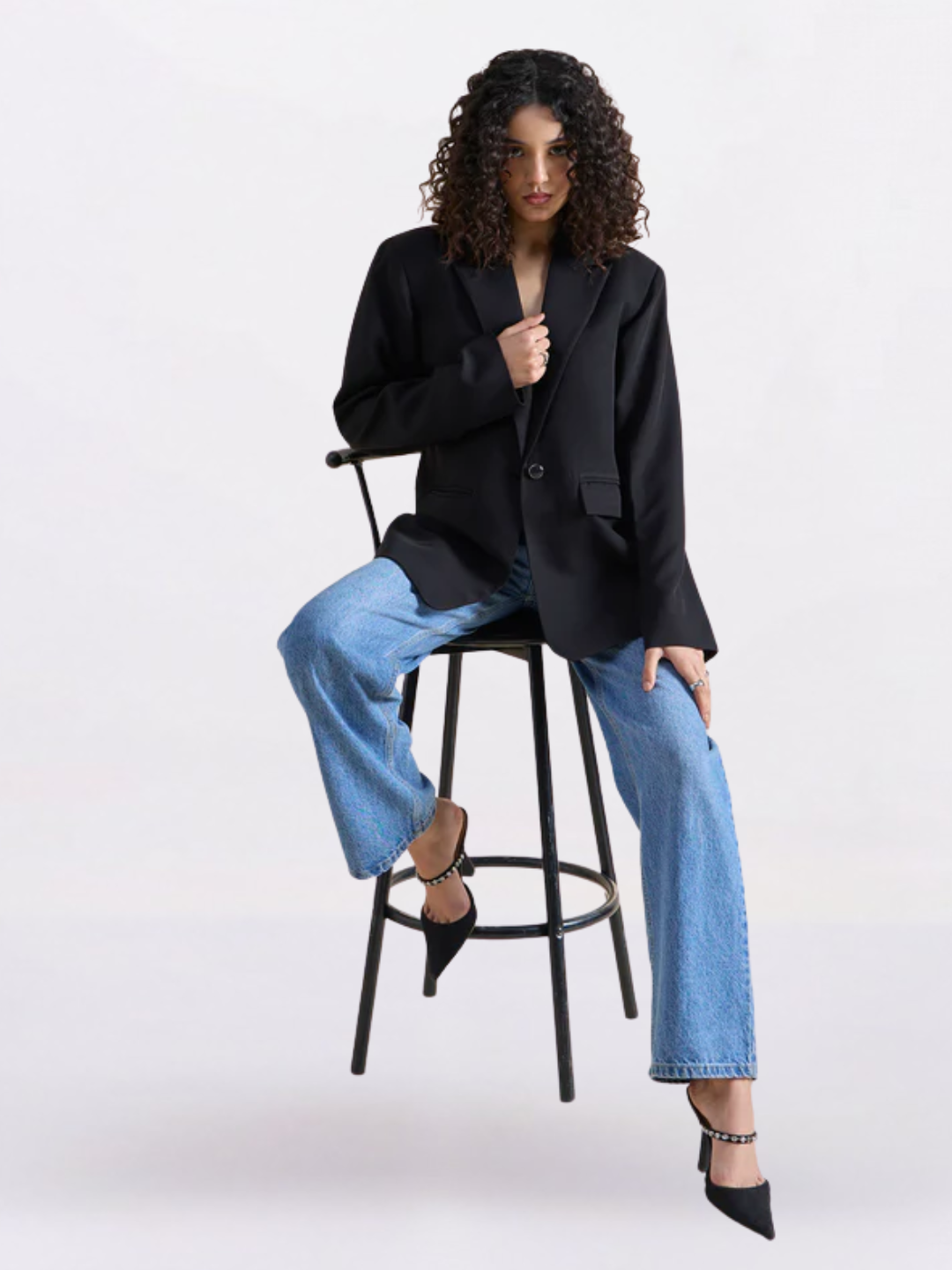 Women Black Oversized Fit Notched Lapel Formal Blazer