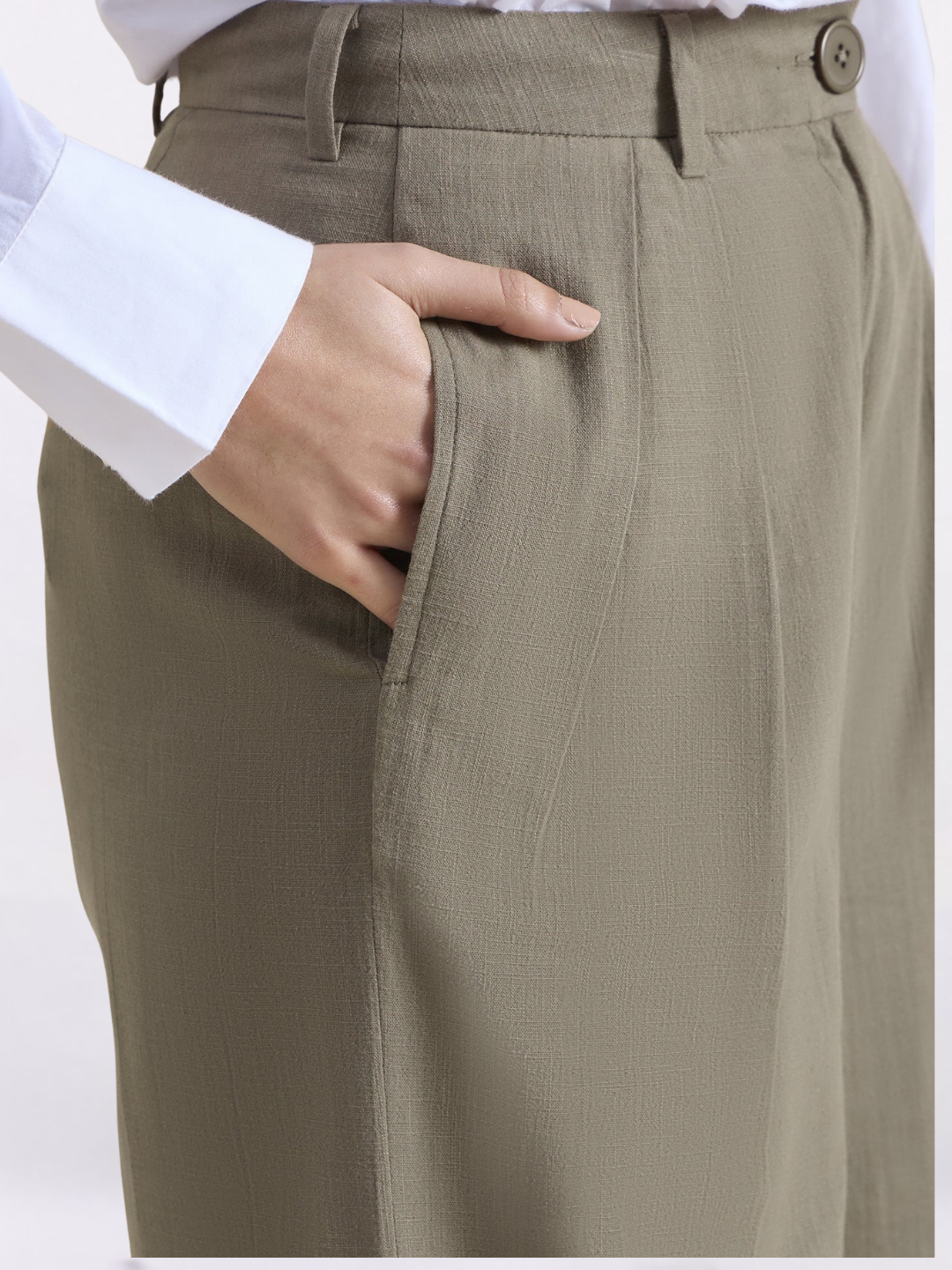 Women Beige Green High Rise Loose-Fit Formal Trouser