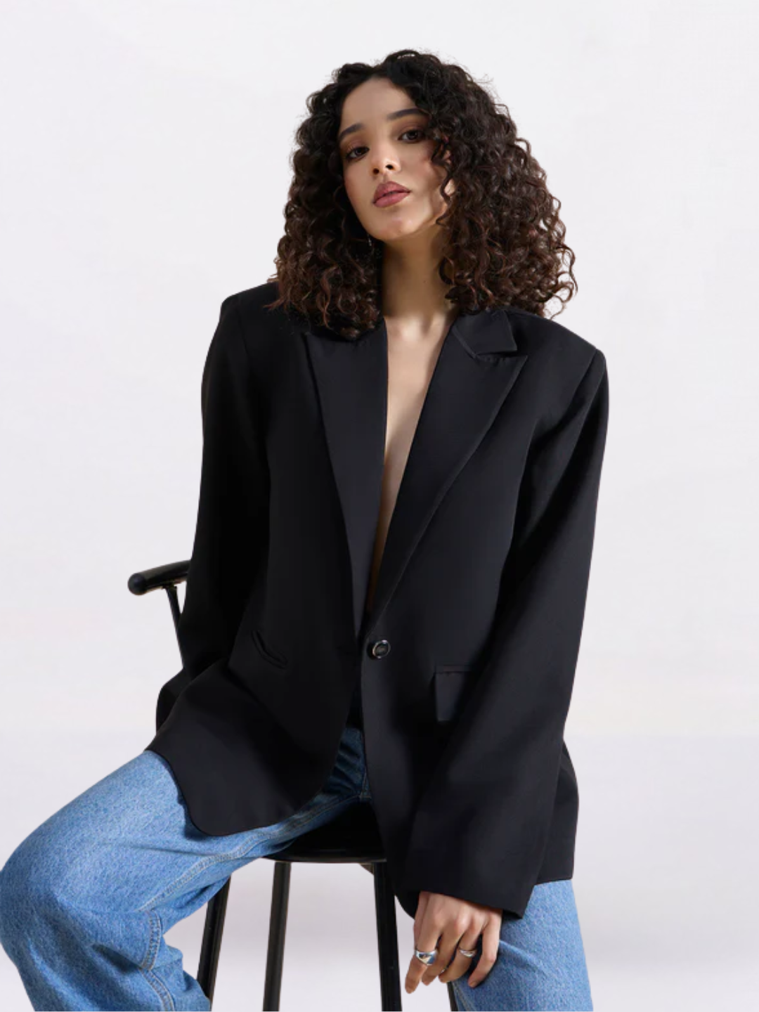 Women Black Oversized Fit Notched Lapel Formal Blazer