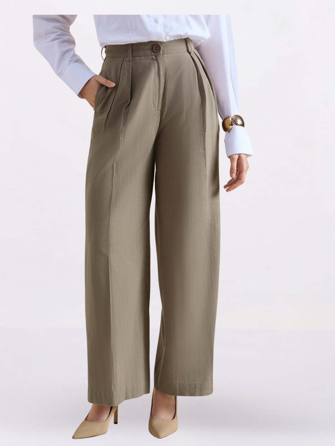 Women Beige Green High Rise Loose-Fit Formal Trouser