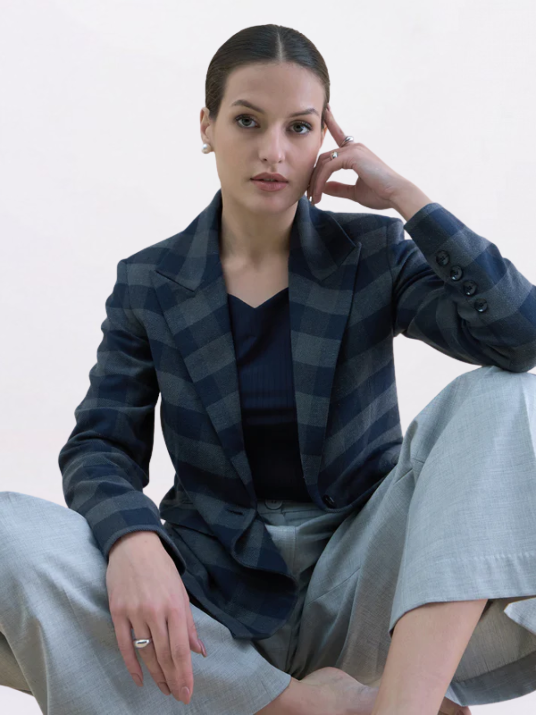 Women Checkered Wool Blend Notch Collar Blazer